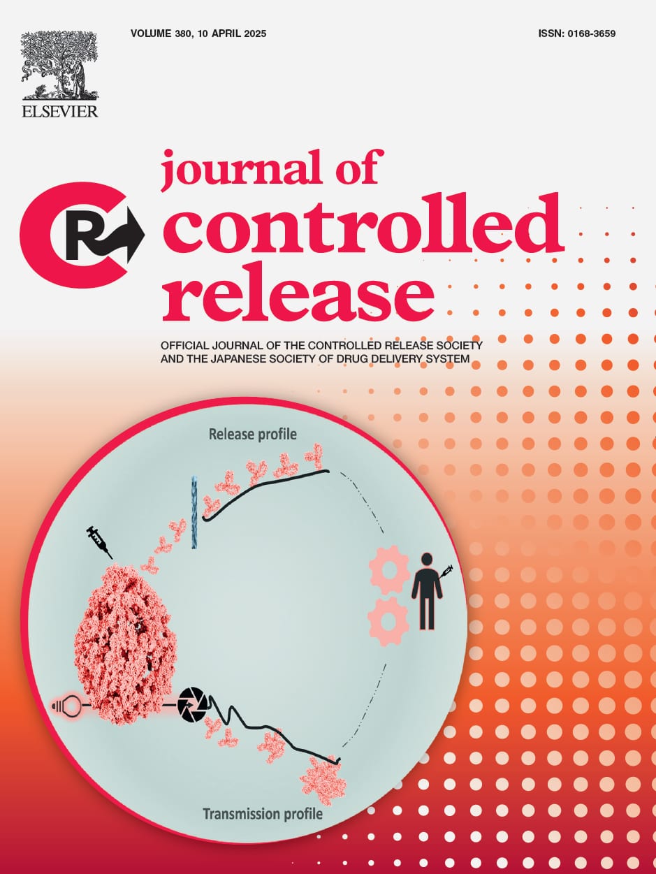 Journal of Controlled Release inside front cover: a circular diagram in coral and pale green showing a monoclonal antibody injected subcutaneously, with a release profile curve above and a transmission profile curve below, converging on a human figure receiving an injection.